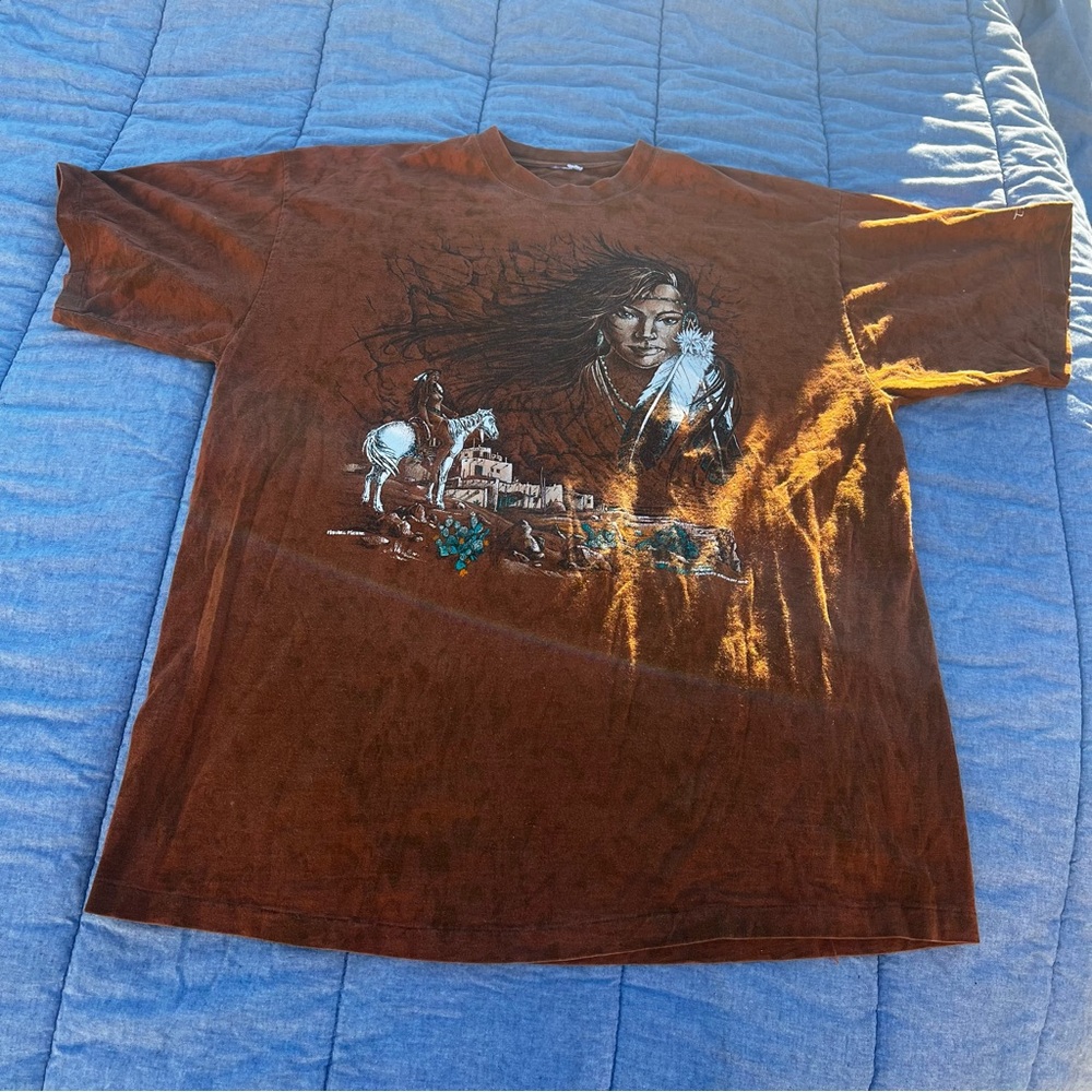 Vintage Ragtops Brown Tie Dyed Native American Short Sleeve Tee Size XL No Tag